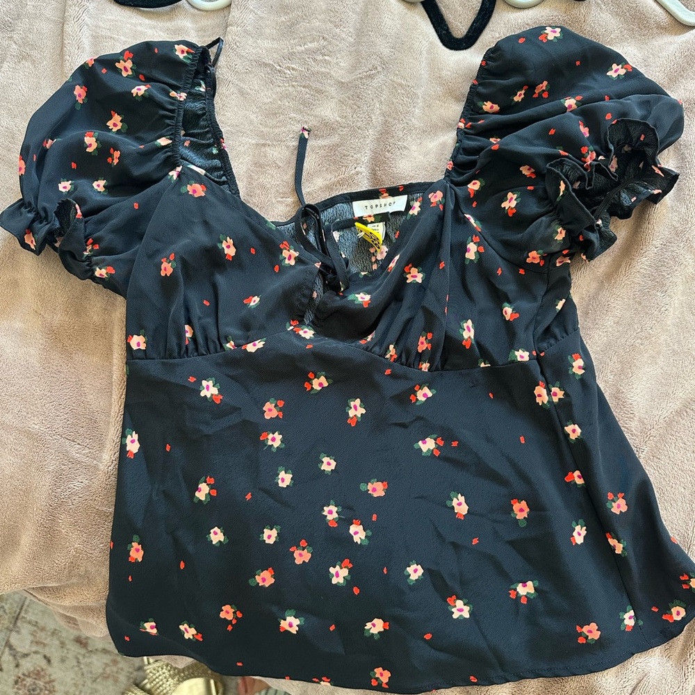 Topshop Black Blouse with Red and White Floral Pattern